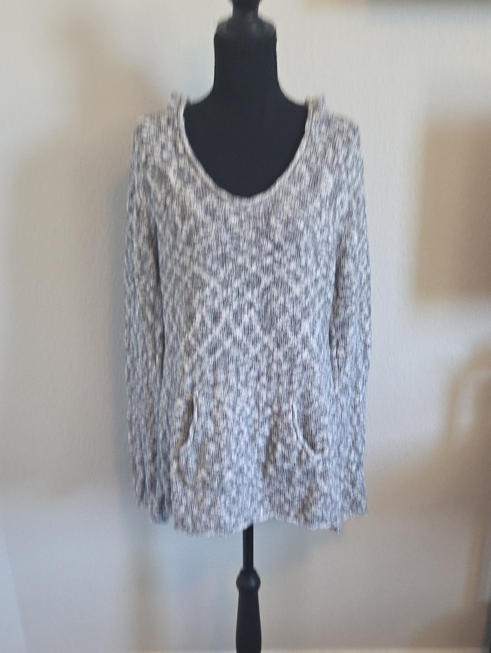 Creatore Black White Marled Knit Sweater Scoop Neck Tunic with Pockets XL